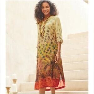 Soft Surroundings Boho Midi Dress Ombre Jungle Print Dolman Sleeves Size XL